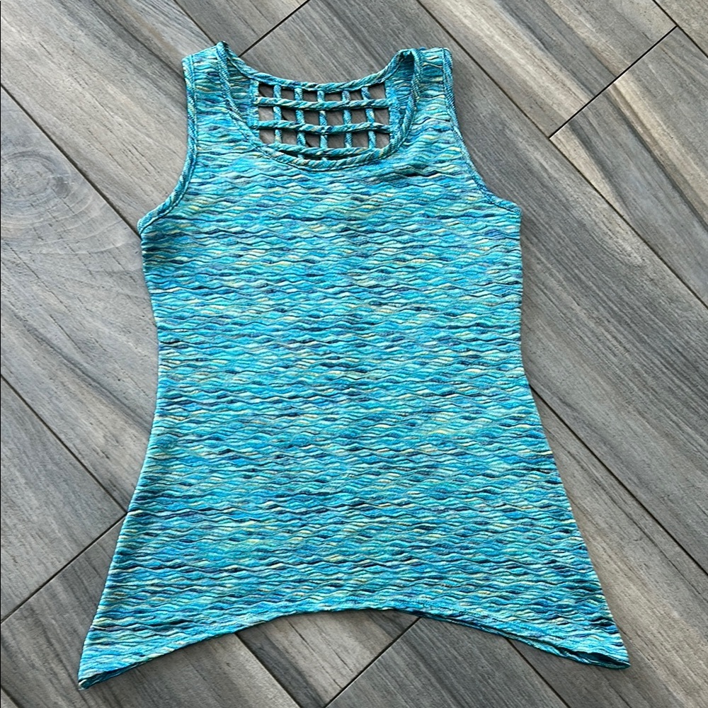 Dressbarn Blue Asymmetrical Cut Out Tank Top